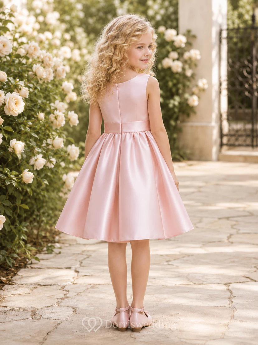 Perlmuttrosa, schlichtes, elegantes Prinzessinnenkleid in Knielänge, A-Linie, Satin, Rundhalsausschnitt, Schleife, Blumenmädchenkleid view 2