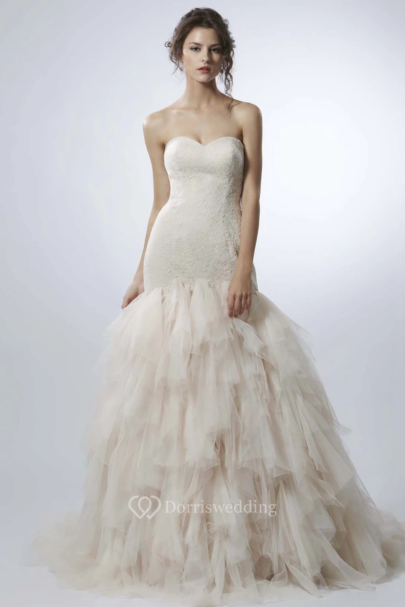 Floor-Length Mermaid Cascading-Ruffled Sleeveless Sweetheart Tulle Wedding Dress view 3