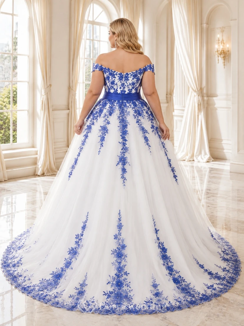 Romantisches Brautkleid aus Tüll in Königsblau mit Blumenmuster, A-Linie, schulterfrei, kurzen Ärmeln und in Übergröße view 2