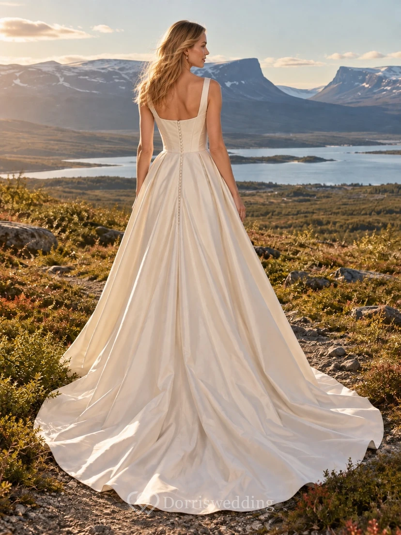 Champagnerfarbenes Taft-Brautkleid in A-Linie mit eckigem Ausschnitt, abgesetztem Oberteil und breiten Trägern view 2