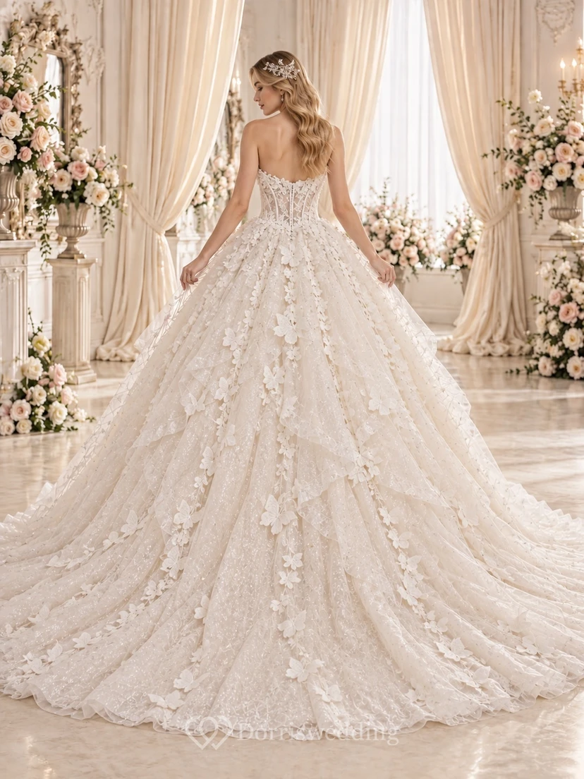 Strapless Sweetheart Wedding Ball Gown with Raised Butterfly Appliques and Glittering Tulle view 2
