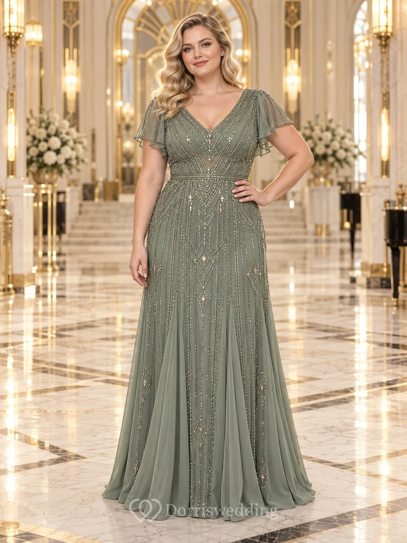 Vestido largo de dama de honor de talla grande, estilo vintage, color verde salvia, corte en A, escote en V, mangas con volantes y detalles geométricos con cuentas.