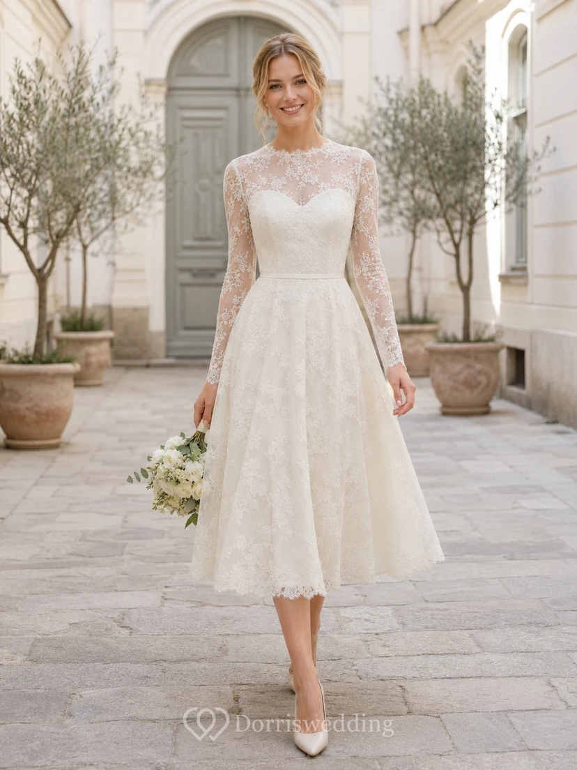 Romantic Civil Lace A Line Bateau Long Illusion Sleeve Tea Length Wedding Dress