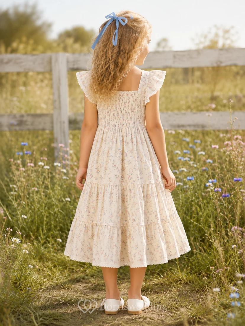 Vintage Casual Country Floral Print Ruffle Sleeve Cotton Flower Girl Tea-Length Garden Dress view 2