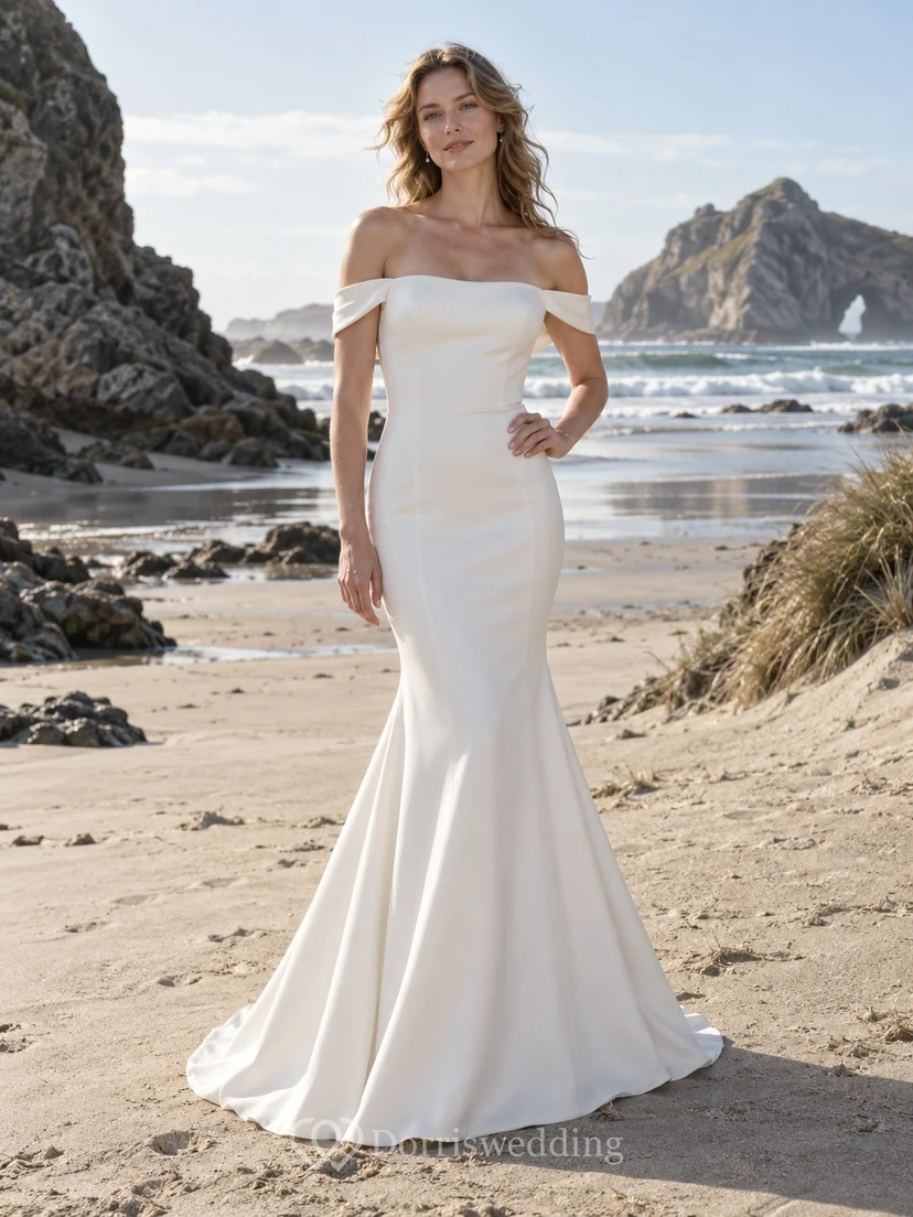 Einfaches schulterfreies Meerjungfrauen-Hochzeitskleid mit Schleppe und natürlicher Taille