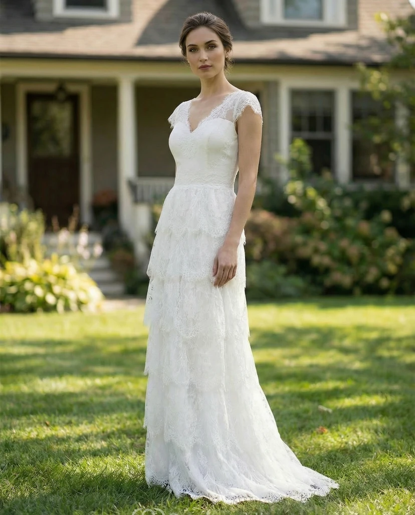 Vestido de novia escalonado con mangas cortas y escote en V pronunciado en la espalda