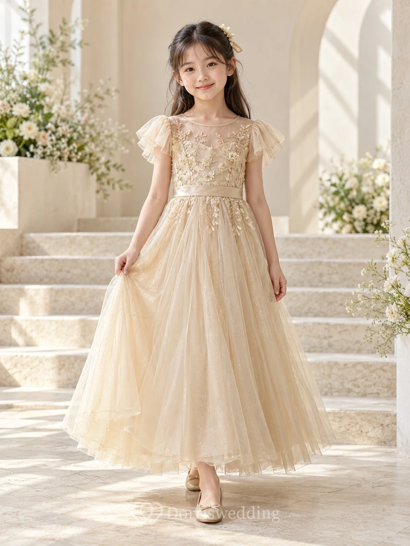 Champagne Floral A-line Tulle Flutter-sleeve Ankle-length Appliqued Round-Neck Flower Girl Dress