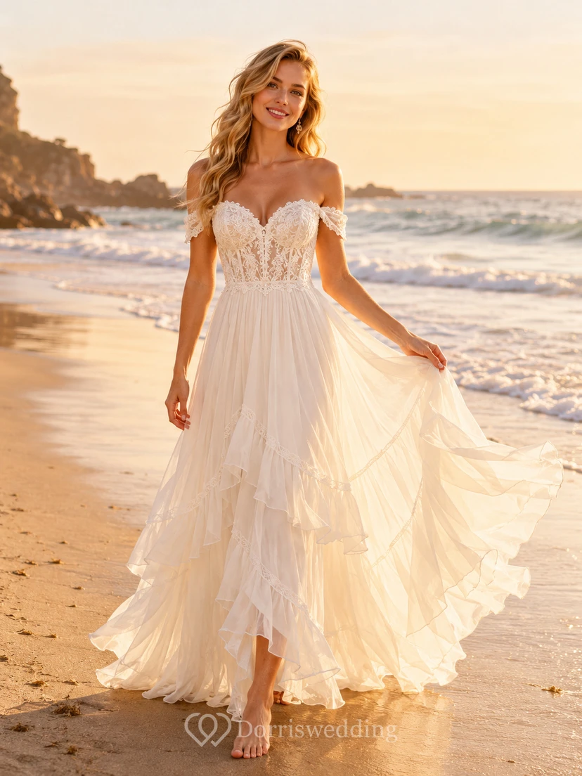 Schulterfreies, gestuftes Chiffon-Brautkleid in A-Linie für den Strand