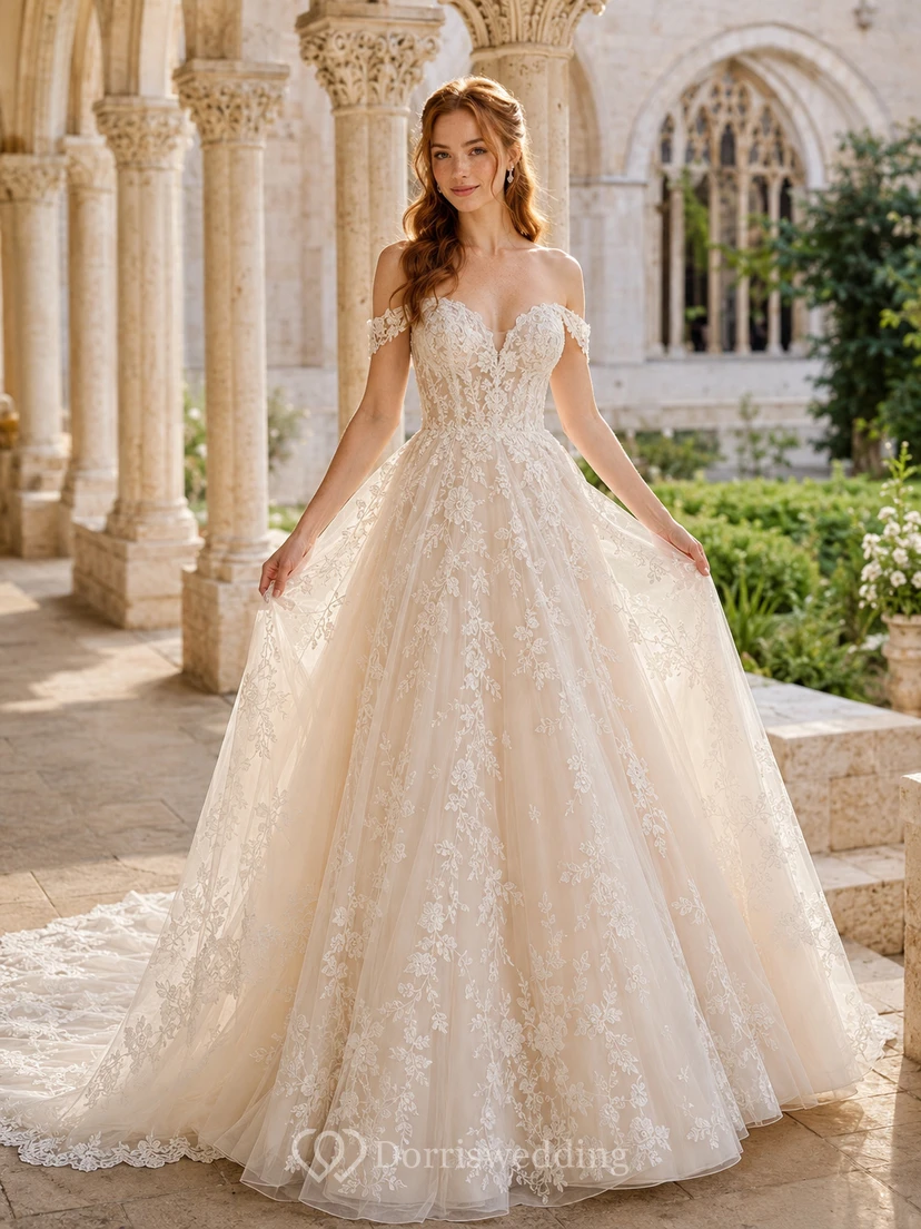Off Shoulder Lace Ball Gown Chapel Bridal Dress