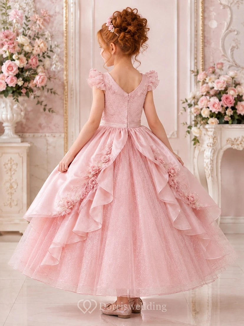 Adorable Blush Cap Sleeve Cascading Ruffle Tulle Ball Gown Ankle-Length Flowergirl Dress view 2