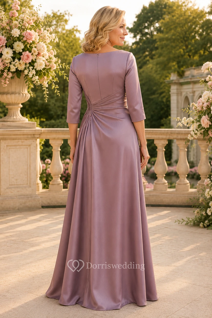 Mauvefarbenes A-Linien-Kleid aus Satin mit Dreiviertelärmeln view 2