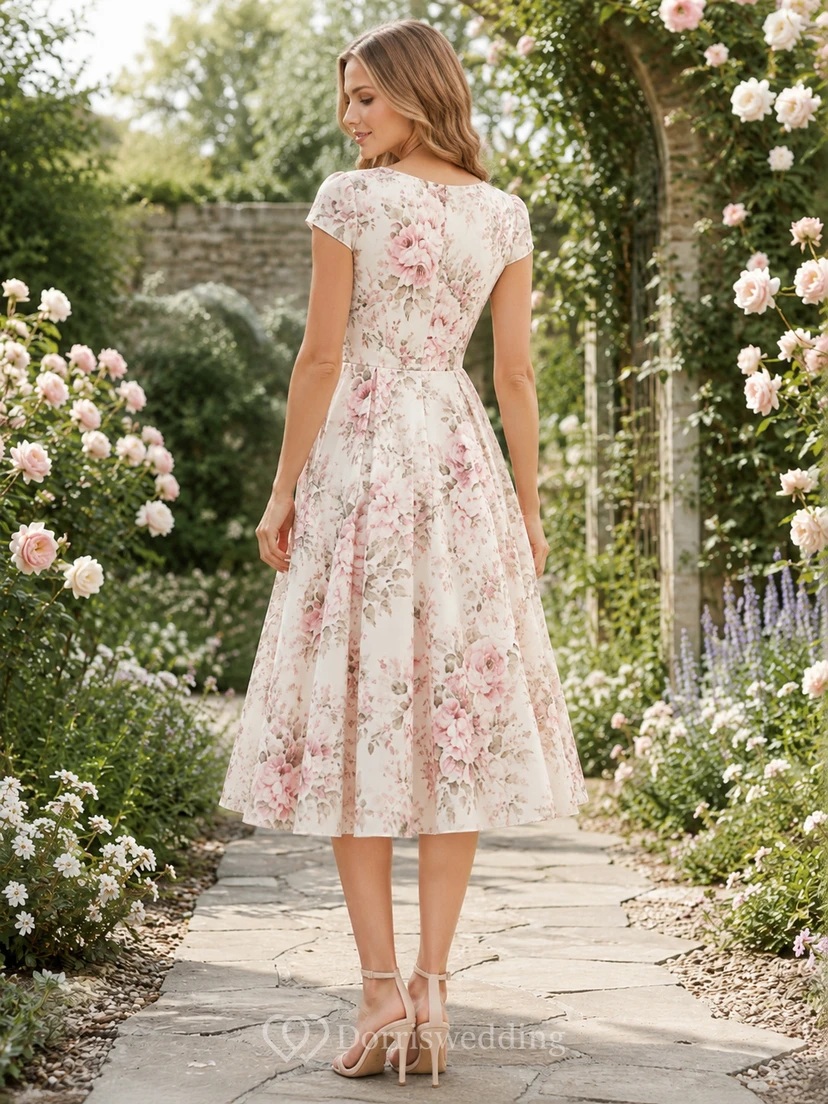 Light Floral V-Neck Cap Sleeve Garden Tea Dress view 2