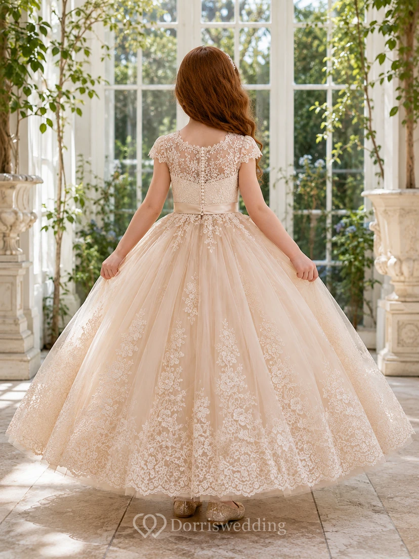 Vestido de gala romántico de encaje y tul con mangas cortas y borde festoneado, ideal para bodas en jardines o para niñas. view 2
