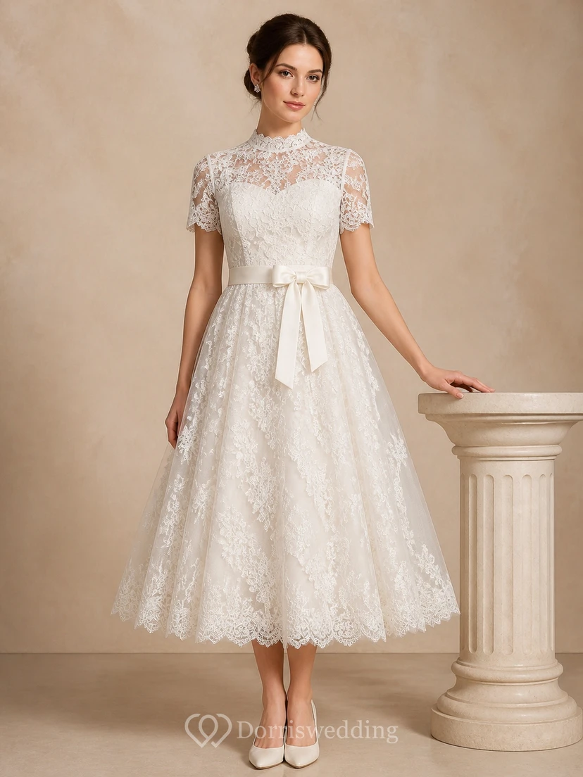 Vestido de novia vintage de largo midi con mangas cortas y lazo de encaje