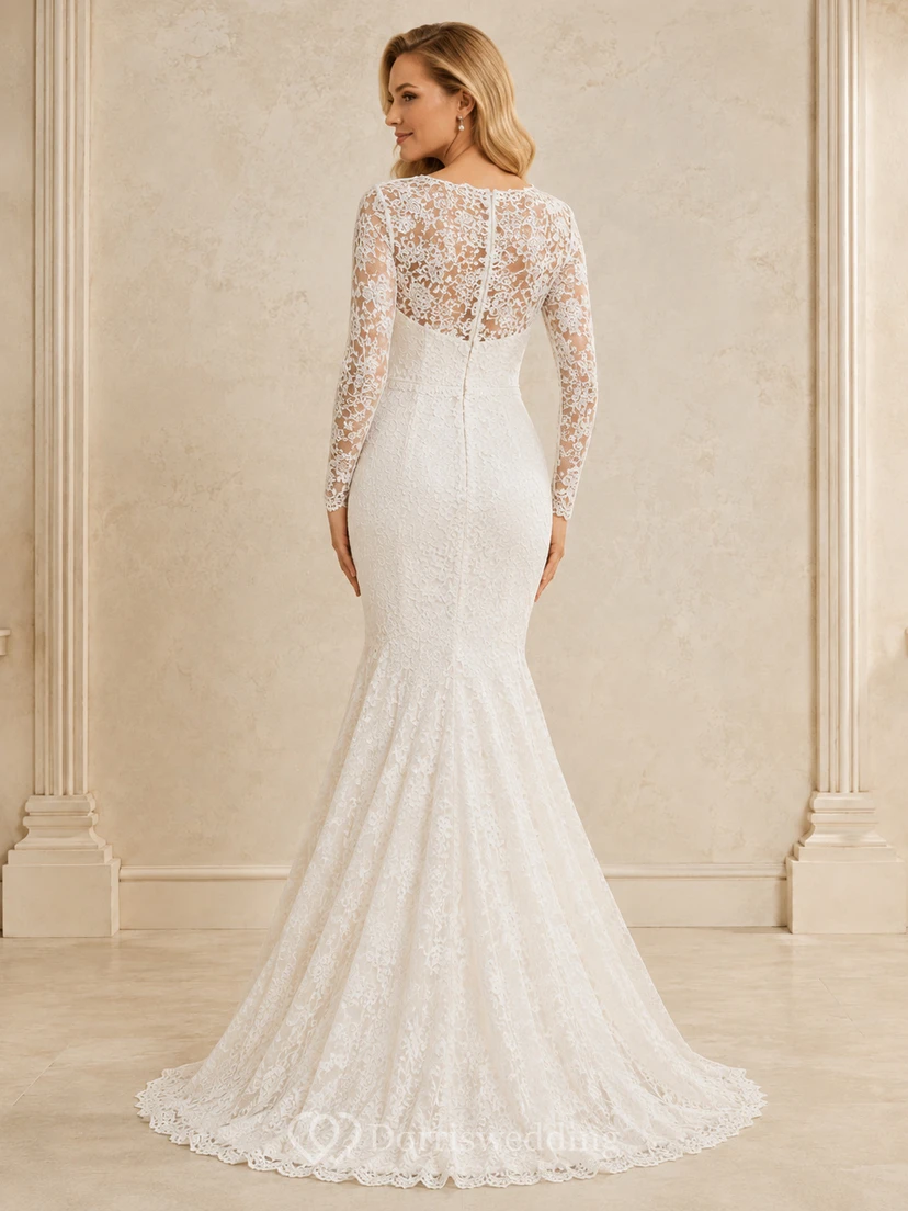 Robe de mariée sirène élégante et romantique à manches illusion longues, entièrement en dentelle et traîne. view 2