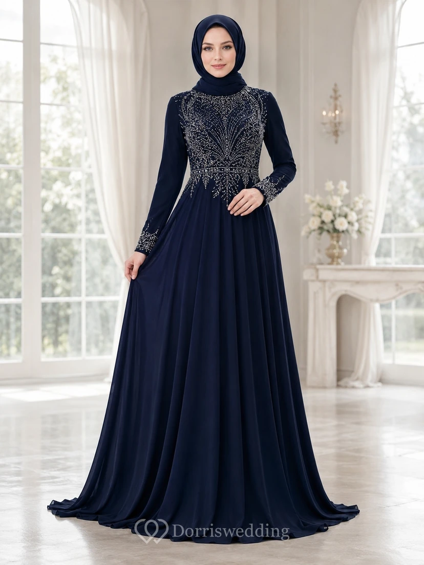 Dark Navy Evening Beaded A-Line High Neck Lace Long Sleeve Floor-length Modest Dress