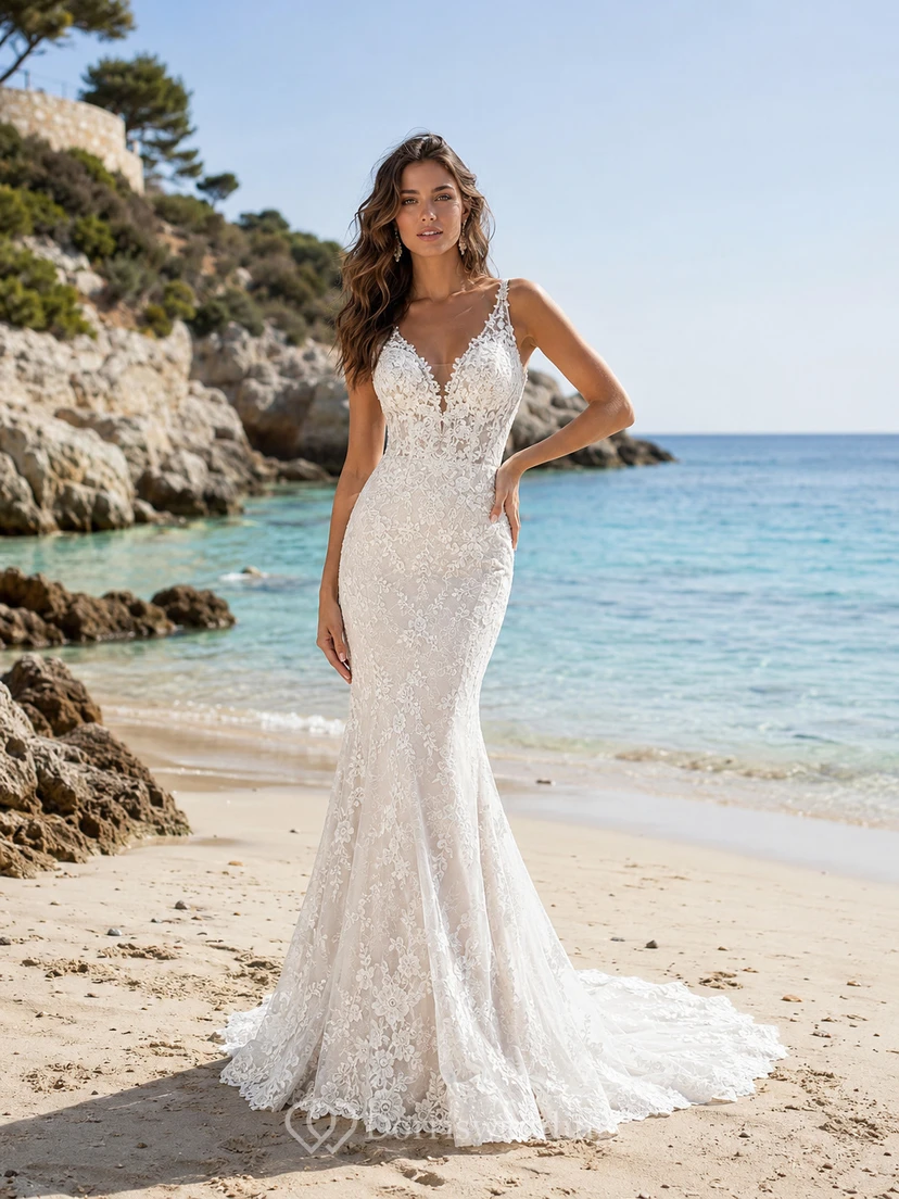 Romantic Deep V Strap Lace Mermaid Sweep Train Beach Destination Wedding Gown