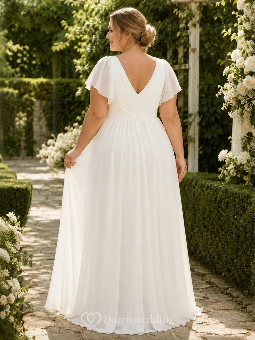 Robe de mariée minimaliste en mousseline, coupe trapèze, col en V, manches courtes, traîne. view 2