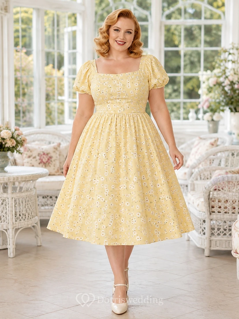 Daffodil Floral Square Neck Puff Sleeve A-Line Tea-Length Vintage Plus-Size Dress