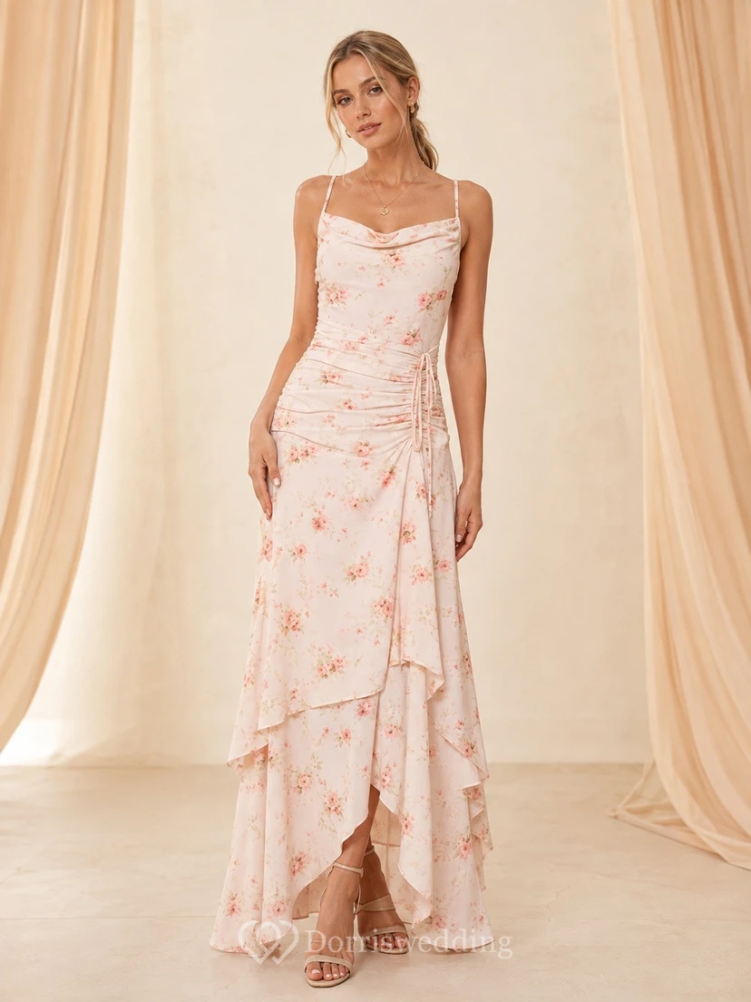 Blush Floral Spaghetti Strap Asymmetrical Tiered Floor-Length Chiffon Dress