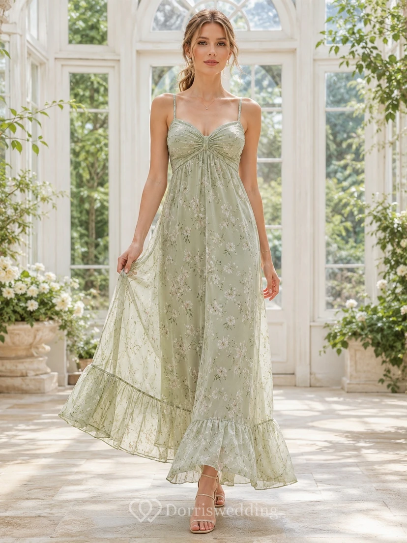 Sage Green Floral Lace Spaghetti Strap Empire Ankle-Length Boho Garden Dress