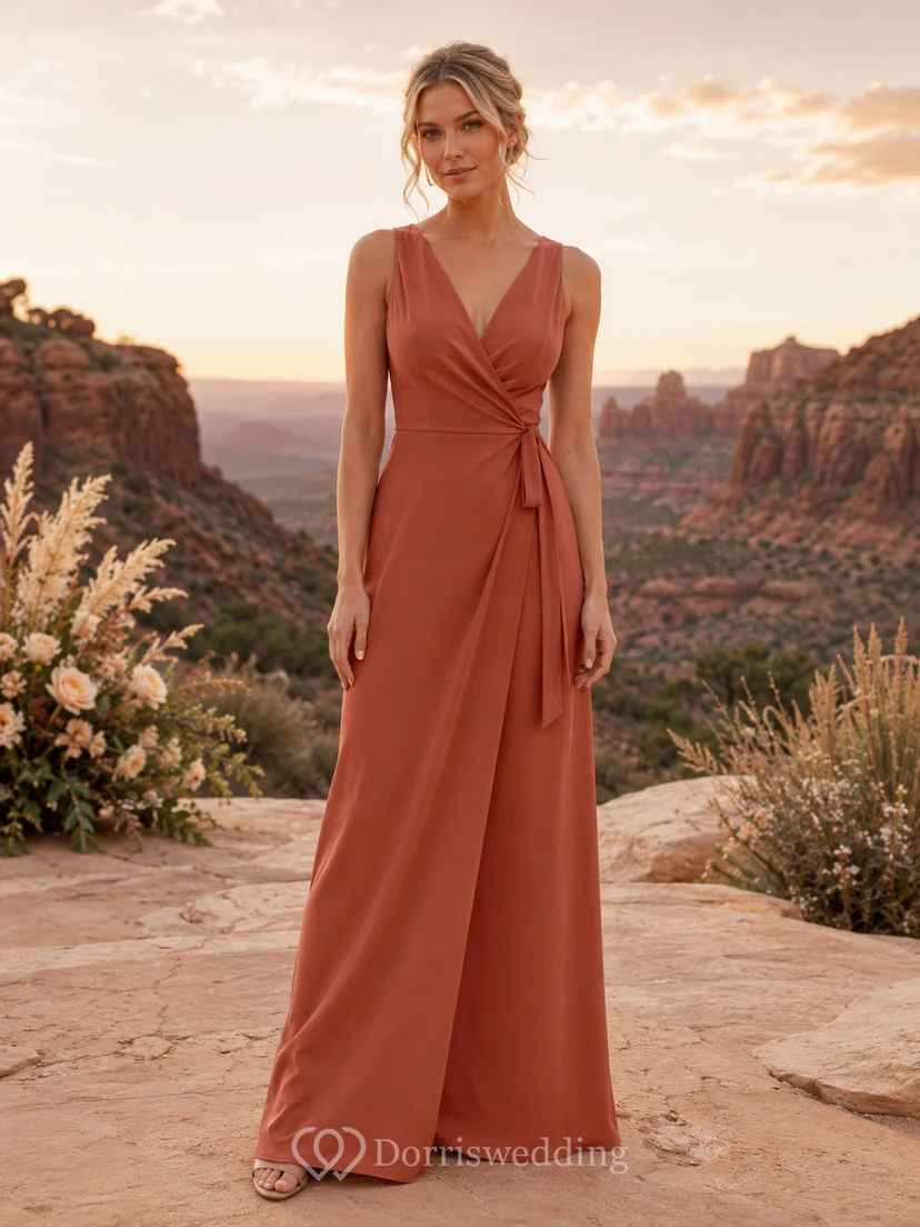 Terracotta sleeveless wrap chiffon floor length bridesmaid dress