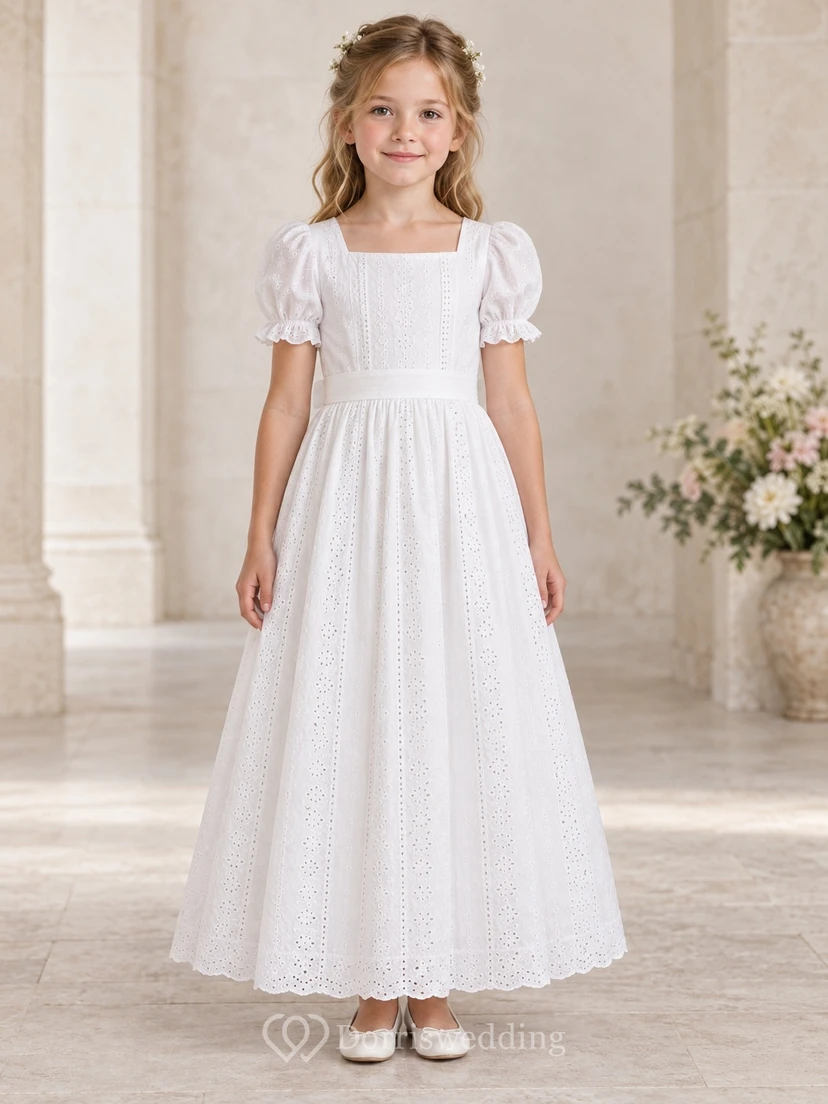 Modest Square Neck White Ankle-length Puff Sleeve Eyelet Communion Dress