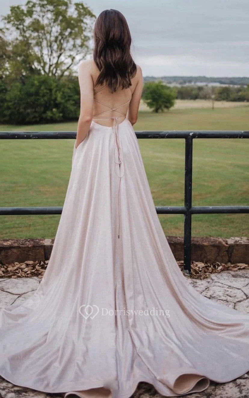 Modern Sleeveless Court Train A Line Satin Tied Back Formal Dress with Pockets view 2