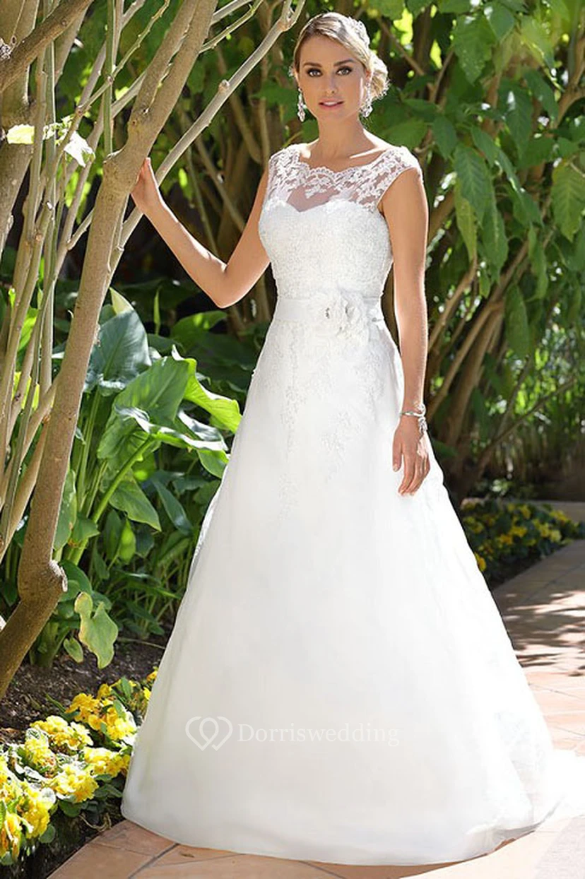 Maxi Scoop Floral Satin Wedding Dress With Appliques