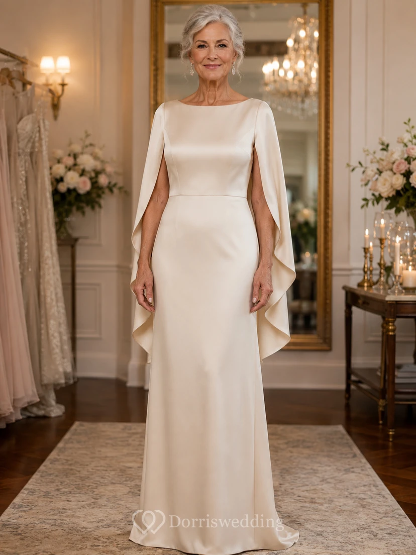 Cape Sleeve Sheath Older Brides Wedding Dress in Simple Satin