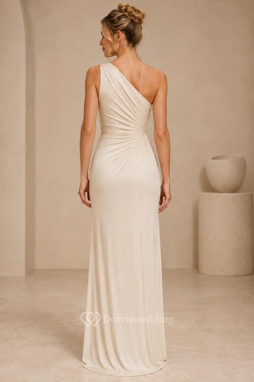 Evening Gown Ivory Jersey Sheath One Shoulder Sleeveless Ruched Floor Length view 2