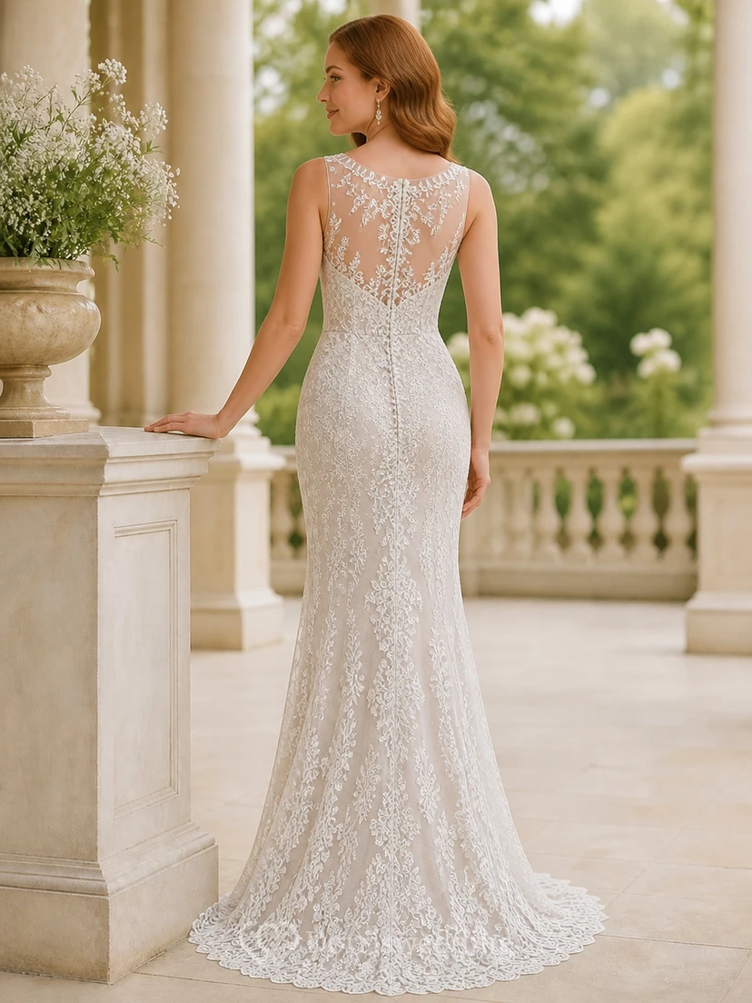 Vestido de novia modesto de corte recto con cuello alto y cola de encaje. view 2