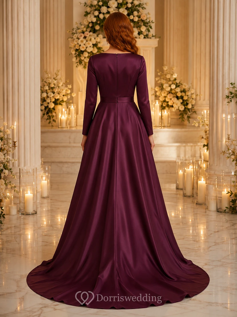 Plum Long Sleeve V-Neck Satin A-Line Wedding Dress view 2