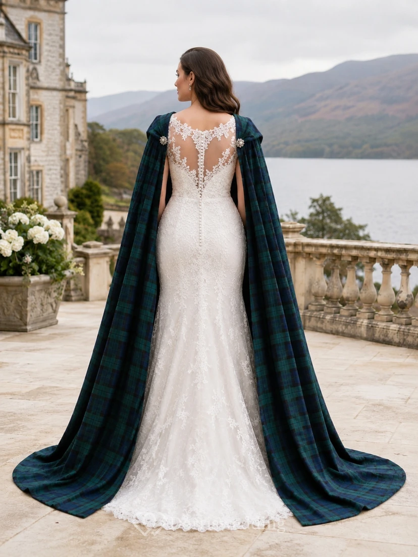 Schottisches Tartan-Cape-Ärmelloses Meerjungfrauen-Hochzeitskleid mit tiefem V-Ausschnitt und Spitze view 2
