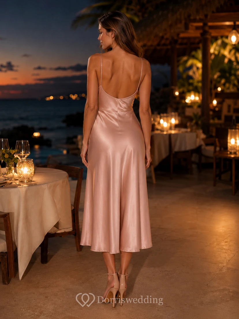 Blush Satin Cowl Neck Spaghetti Strap Resort Midi Dress view 2