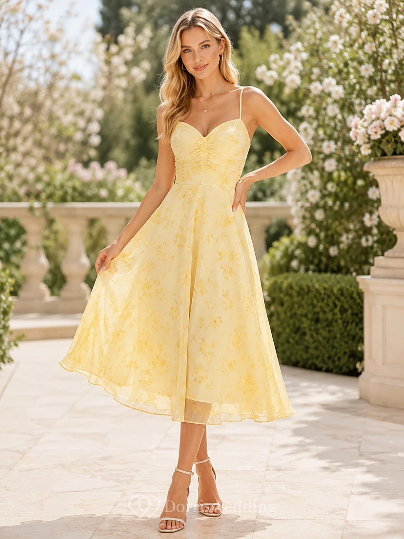 Daffodil Tulle Spaghetti Tea-length A-Line Guest Dress
