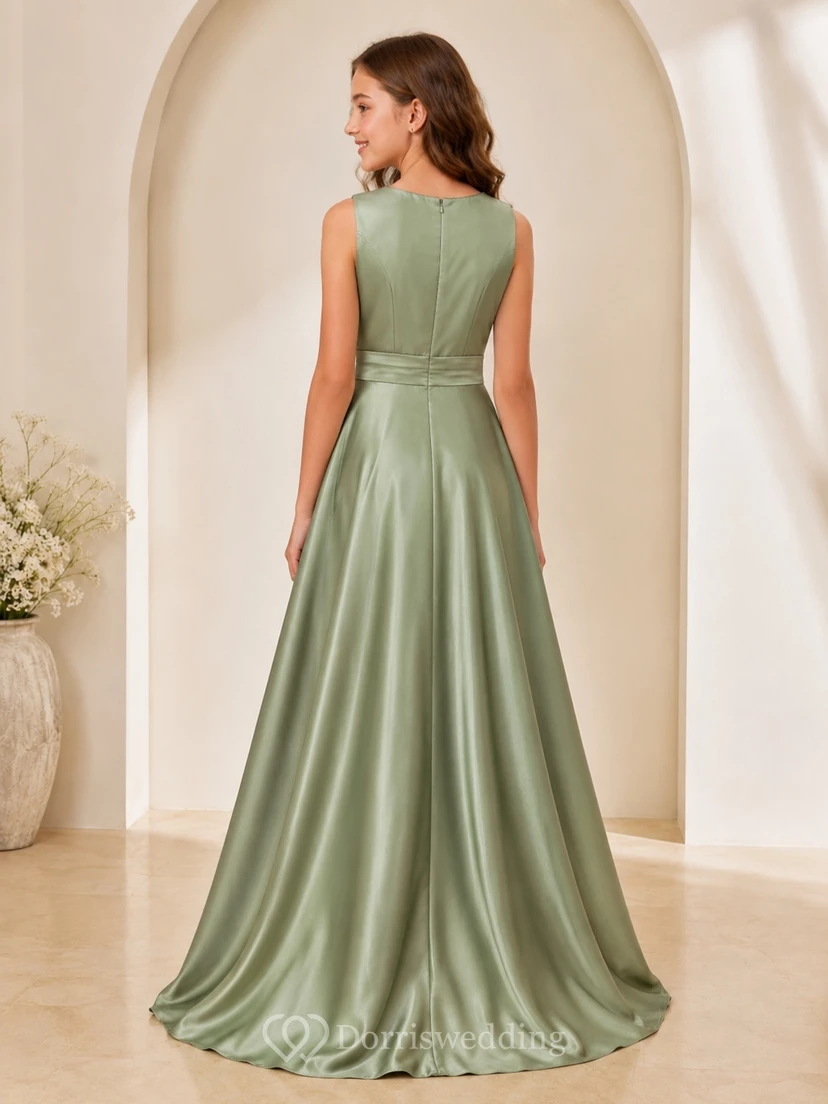Celadonfarbenes Brautjungfernkleid in A-Linie mit Schmucksteinen und U-Boot-Ausschnitt, ärmellos, elegant, aus Satin view 2
