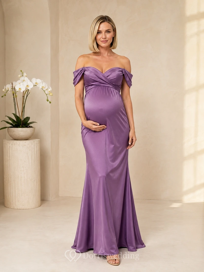 Wisteria Maternity Satin Off-the-shoulder Short Sleeve Mermaid Evening Gown