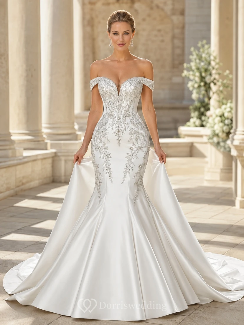 Silbernes, drapiertes Meerjungfrauen-/Trompeten-Brautkleid mit schulterfreiem, kurzem Ärmel und bodenlangem Schleppenausschnitt – modernes Kleid