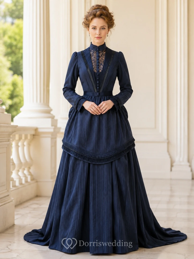Edwardian Ink Navy High-Neck Long Sleeve Velvet Pleated Formal Dress