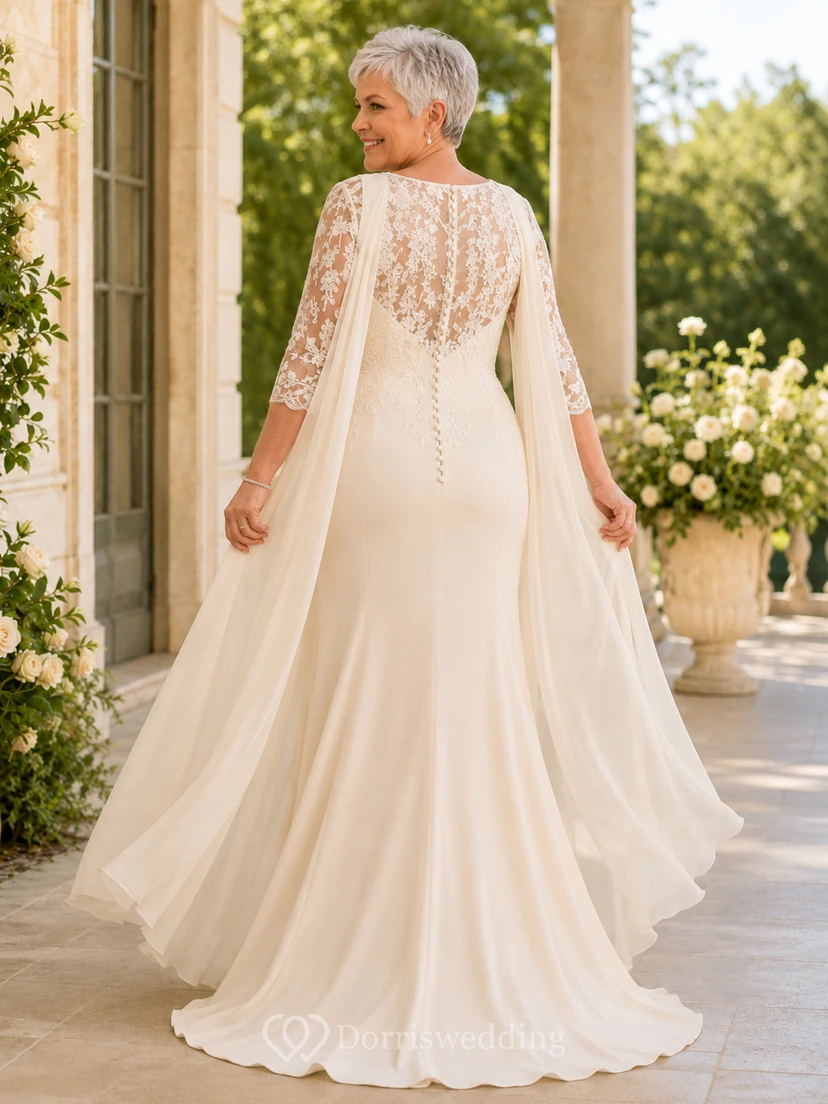 Robe de mariée fourreau en mousseline, manches trois-quarts en dentelle, coupe bateau, pour femmes mûres et grandes tailles. view 2