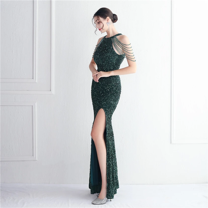 Heavy-Duty Glass Bead Craft Beaded Banquet Evening Dress Temperament Elegant Long Halter Neck Slit Sequins view 23