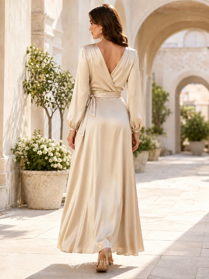 Robe longue portefeuille champagne en satin froncé à col V et manches longues, couleur champagne view 2