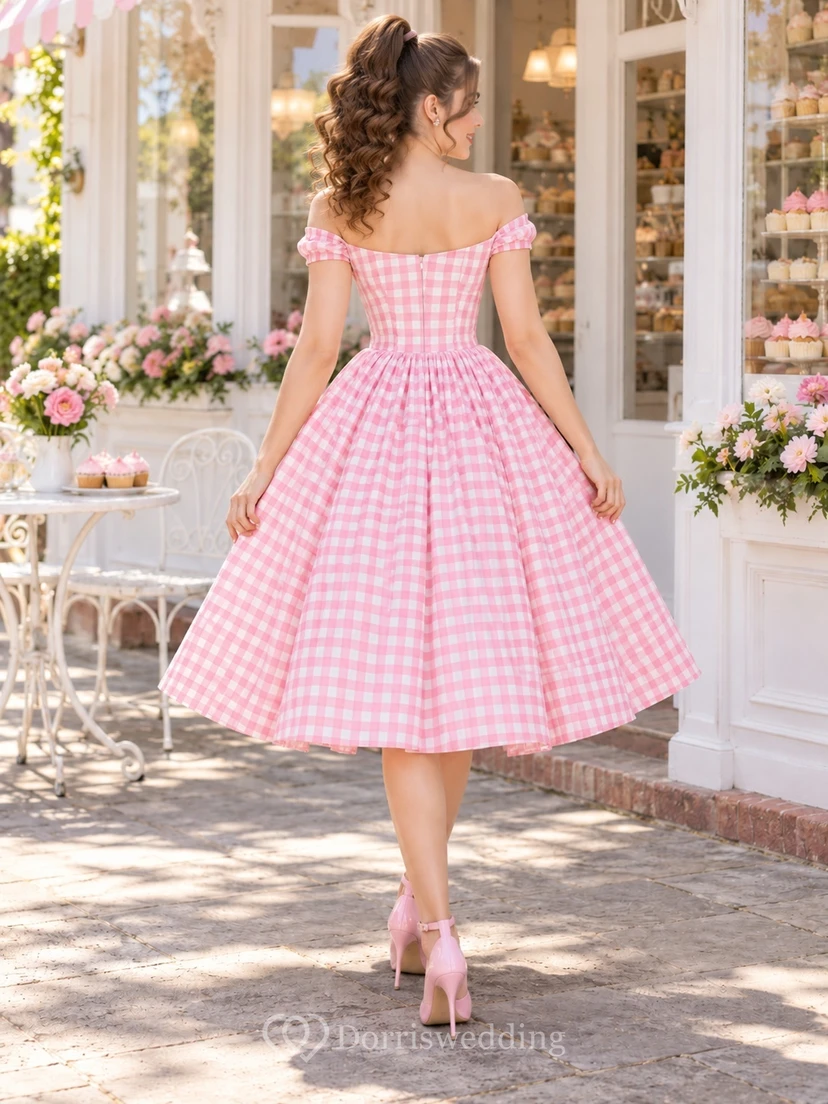 Vintage Candy Pink Gingham Off Shoulder Pleated Swing Cocktail Dress view 2