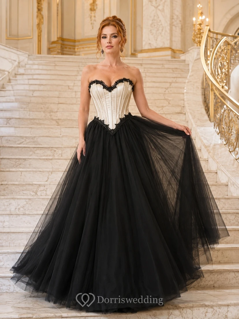 Schwarzes, korsettiertes Ballkleid mit Herzausschnitt, ärmellos, bodenlang, romantisches Kleid aus Tüll