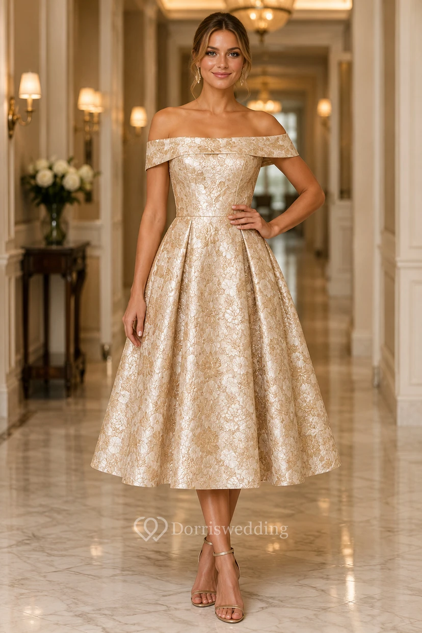 Robe cocktail en taffetas champagne, coupe trapèze, épaules dénudées, manches courtes, longueur thé