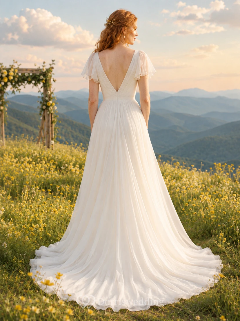 Plunging Flutter Sleeve Chiffon Mountain Meadow Bridal Gown view 2