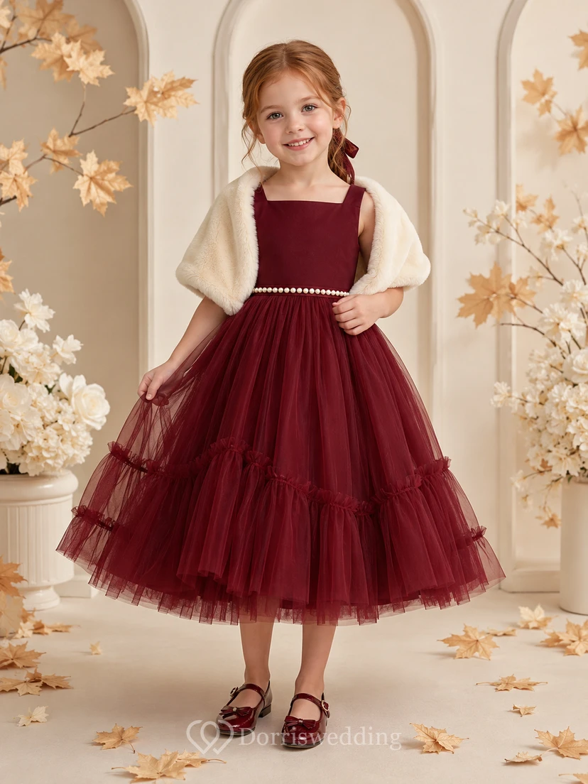 Luxury Tea-Length Ball Gown Flower Girl Burgundy Satin Tulle Ruffle Cape Dress with Square Neck