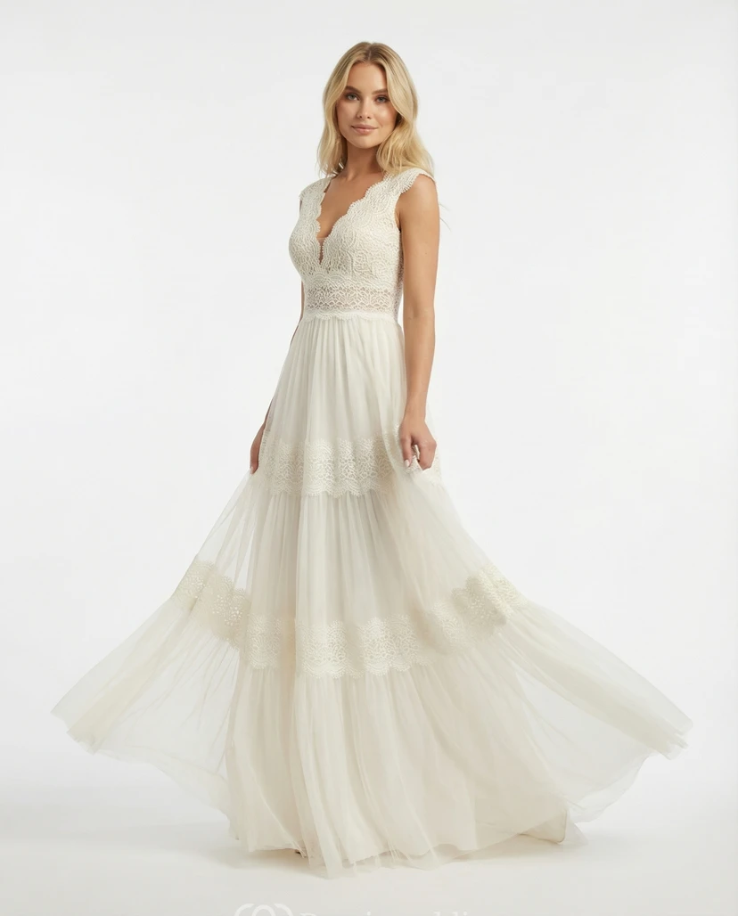 Whimsical Boho V-Neck Lace and Tulle Wedding Dress with Tiered Skirt view 7