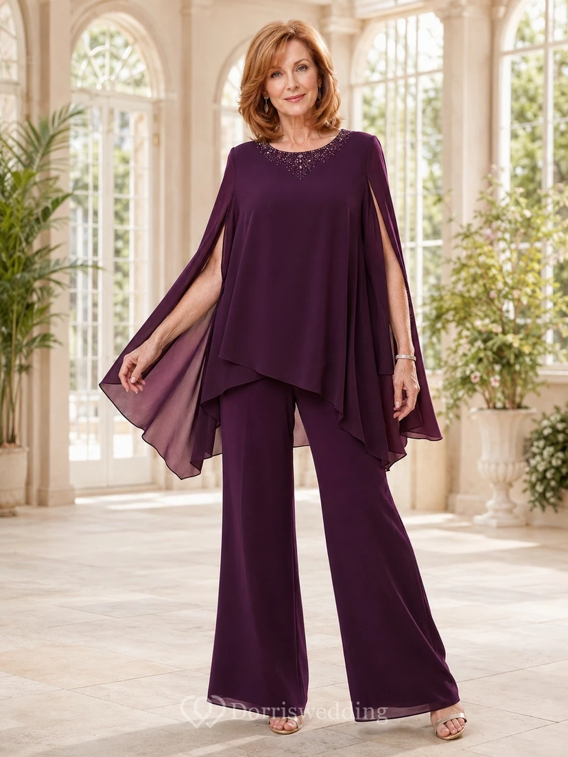 Plum Chiffon Bat-Sleeve Two-Piece Jumpsuit Wide-Leg Mother Suit